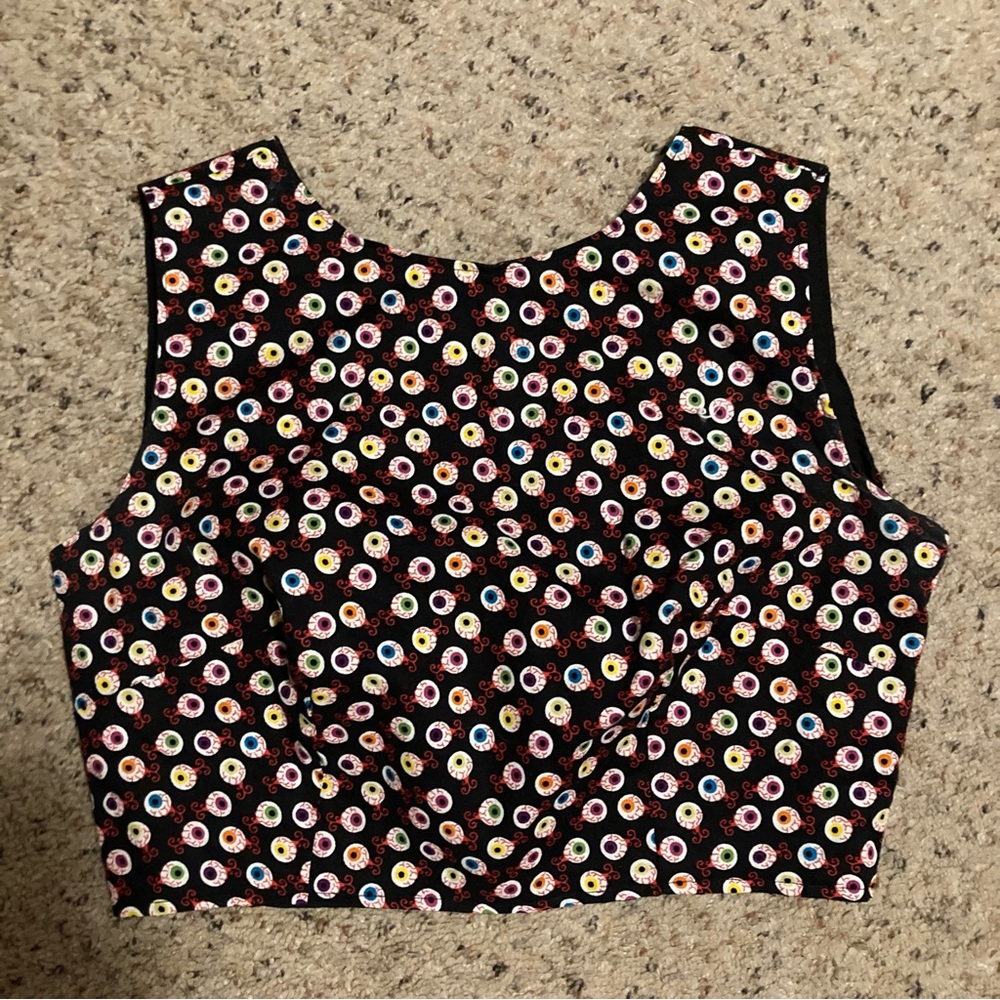 OOAK handmade eyeball print sleeveless crop top cotton pinup Halloween custom